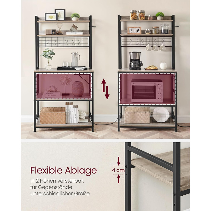 Стелаж кухонний VASAGLE з розетками, для мікрохвильової печі, з решіткою, 14 гачків, антрацит-чорний (40 x 80 x 170 см)