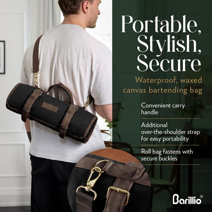 Набір бармена Barillio з золотим шейкером: 17 предметів, сумка для подорожей, вощена тканина - мобільний бар для коктейлів