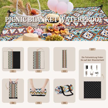 Плед для пікніка Boho водонепроникний, великий (XL 150x200 см) з ручкою, 4 кілочки, для пляжу, кемпінгу, парку - Boho стиль