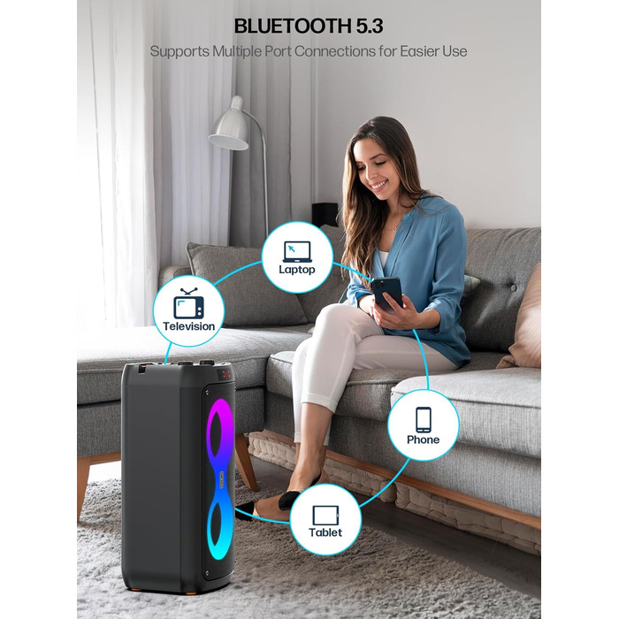 Портативна караоке-машина з Bluetooth, 2 мікрофонами, світлодіодним підсвічуванням та підтримкою USB/TF/Rec/FM/AUX