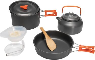 Набір кухонного посуду Grafner Premium Camping 11-ти частинний: стабільний алюміній з антипригарним покриттям, компактний, з розкладними ручками. Ідеально для кемпінгу, пікніків та подорожей на авто. Включає котел, сковорідку, чайник та інше.