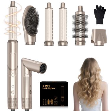Набір для стайлінгу волосся 5 в 1 Atopskins Air Styler 1400W: іонний фен, вирівнювач, плойка Auto-Wrap та круглі щітки для об'єму та гладкості, Gold