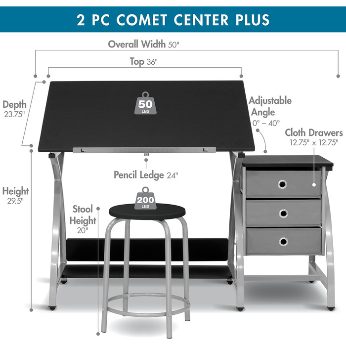 SD Studio Designs Comet Center Plus Craft Table & Stool Set with Storage - Adjustable Top - Silver/Black