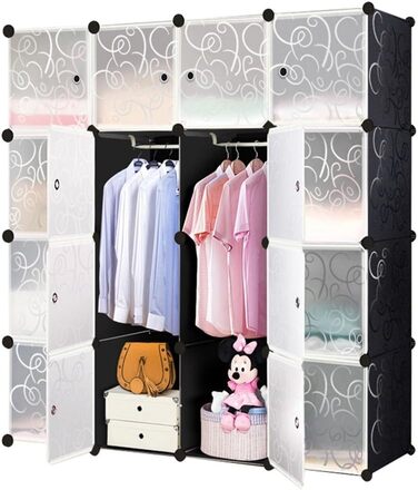HENGMEI DIY Closet Wardrobe Storage Rack Cubes Organizer System Shoe Rack Closet with Door (Black) (16 Boxes)