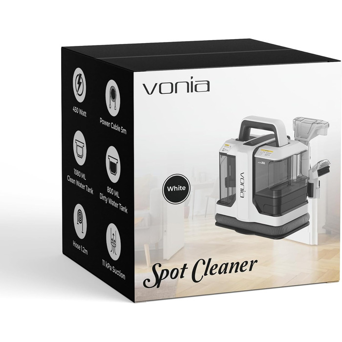 Мийний пилосос Vonia для килимів та м'яких меблів – потужний 450W, сила всмоктування 11 kPa, 2 насадки, шланг 1,2 м – ідеально для авто, диванів, килимів та м'яких меблів (білий)