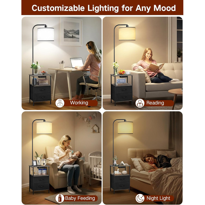 Стельова лампа для вітальні з поличкою та столиком, регульована LED, з пультом, 3 колірні температури, приліжний столик з підзарядкою та полицею, дерев'яний столик для спальні/офісу (сірий з шухлядами)