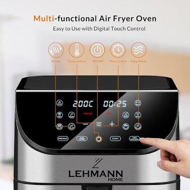 Аерофритюрниця Lehmann XXL 8 л, 1800 Вт, з LED-екраном, 10 програм, температурний режим 76-200°C, таймер, для здорового приготування без олії