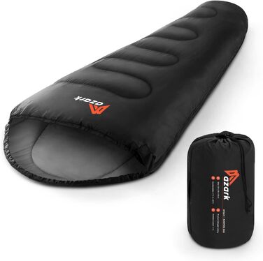 Сплячий мішок Azark Premium, 350 г/м², легкий та водонепроникний, 4 сезони для кемпінгу, піших прогулянок та відпочинку на природі. Підходить для дорослих та дітей (Чорний)