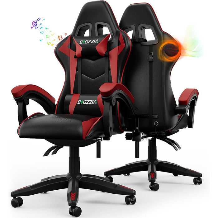 Геймерське крісло Racingreat LED RGB з підсвіткою, підголівником та підтримкою попереку, для дітей та дорослих (чорно-червоне, з динаміками)