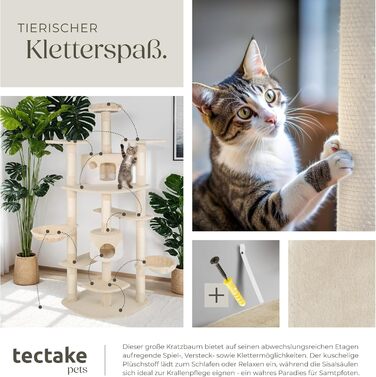 Кігтеточка Tectake® XXL для котів, велика, з аксесуарами: іграшки, лежанка, 2 будиночки, кігтеточка з сизалевого мотузка, висока - сірий/білий (бежевий/білий)