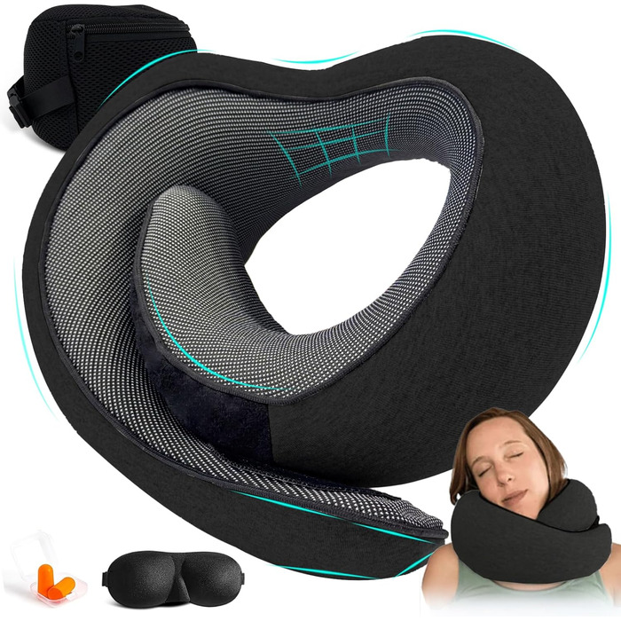 Подушка для шиї Dreamjoys Neppy - для подорожей літаком, авто, поїздом (Memory Foam, чорний)