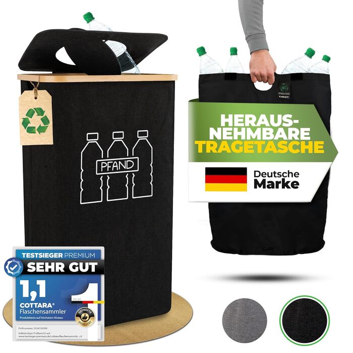 Deposit bottle collection container with lid and carrying bag | Perforated, rotating deposit container | Ideal deposit bottle storage, empty container collection container, bottle collector (Black)