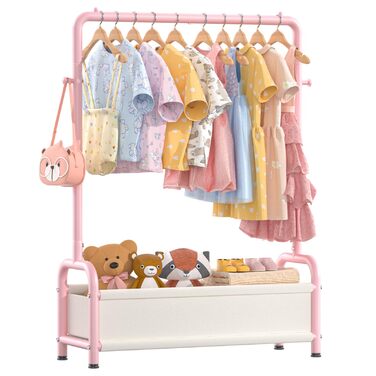 Дитяча вішалка для одягу Kinder Garderobe, 80x30x125 см, рожева. З гачками та кошиком для зберігання, U-подібна основа.