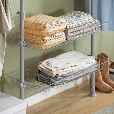 SoBuy KLS04-SCH Telescopic Clothes Rail with 5 Clothes Rails and 2 Baskets Telescopic Wardrobe System Adjustable Shelf System B (209-311) x H (200-285) cm (Light Grey)