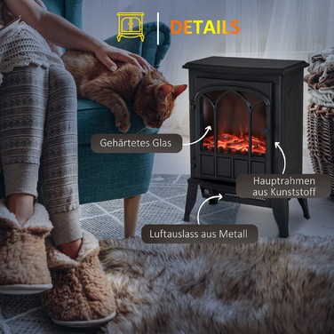 Електрокамін HOMCOM 2000W, підлоговий камін з LED-ефектом полум'я, тихий, електричний камін з металевим захистом від нагріву