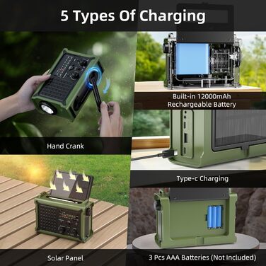 Сонячне радіо з ручним приводом 12000mAh, портативний приймач світу, радіо для надзвичайних ситуацій з AM/FM, 8500 мм² сонячна панель, Powerbank, ліхтарик та світло для читання, для виживання та відключень електроенергії (зелене)