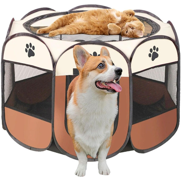 Переносний вольєр для цуценят, вольєр для собак, складаний вольєр для котів, вольєр для цуценят для дому, вольєр для собак, котів, кроликів, 74 x 74 x 43 см (Коричневий, 8, S (74 x 74 x 43 см))