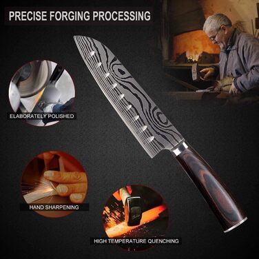 Японський ніж Santoku AIRENA, 7 дюймів (17.8 см), професійний кухонний ніж з високоякісної сталі D2, ергономічна ручка, для дому та кухні