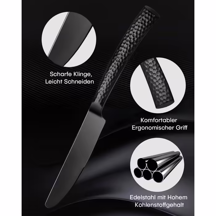 30-Piece Cutlery Set for 6 People, Black, Thickened Stainless Steel Cutlery Set with Hammered Handle, Eating Cutlery Set with Knife, Fork, and Spoon, Mirror Polished, Dishwasher Safe
