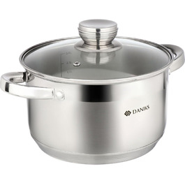 Каструля з нержавіючої сталі Daniks Standard 20 см, 4 л, з скляною кришкою, для індукції, універсальна (супова, для пасти), срібляста
