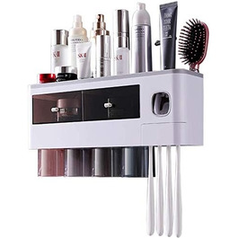 Automatic Toothpaste Dispenser Wall-Mounted with Space-Saving Toothbrush Holder for Bathroom, 2 Transparent Magnetic Cups, 6 Toothbrush Slots, 1 Cosmetic Organizer Drawer (Gray-4 Cups)