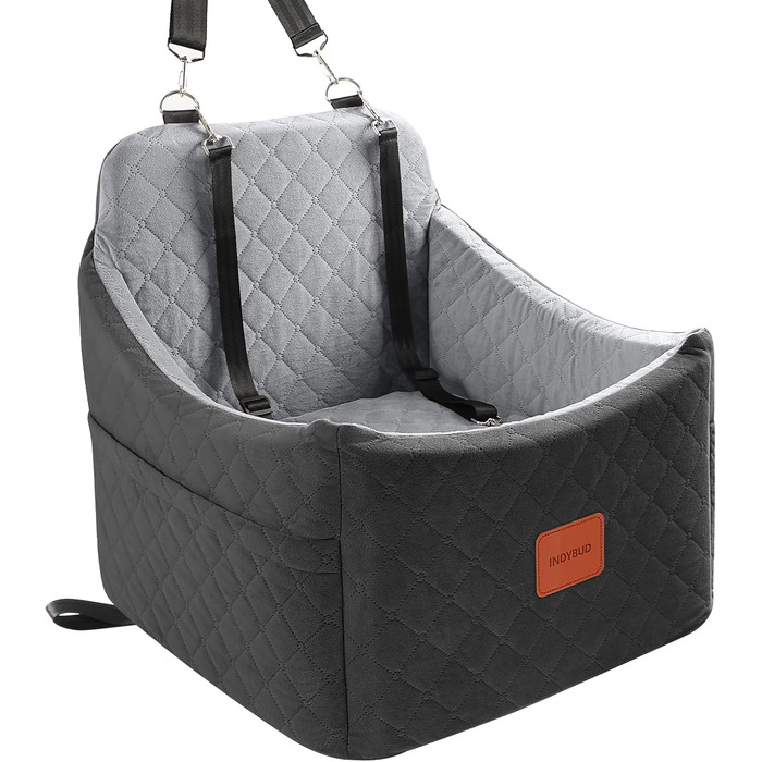 Автокрісло для собак: зручне ліжко-підвищення для маленьких та середніх собак з кишенями та поводок (чорний/сірий, середнє)