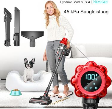 Бездротовий акумуляторний пилосос KESSER® з LED дисплеєм, 70 хв роботи, без мішка, для твердих поверхонь, килимів, шерсті тварин, чорний/червоний