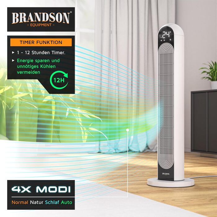 Вентилятор tower Brandson DC – тихий, 12 швидкостей, 4 режими (нормальний, природа, сон, авто), з функцією осциляції. Еко-дизайн.