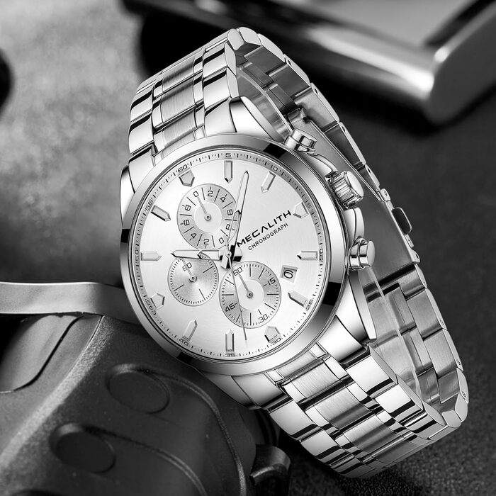 MEGALITH Чоловічий годинник з нержавіючої сталі, Хронограф, Водостійкий, Аналоговий годинник для чоловіків, Бізнес-дизайн, Календар, Світіння (B-silver)