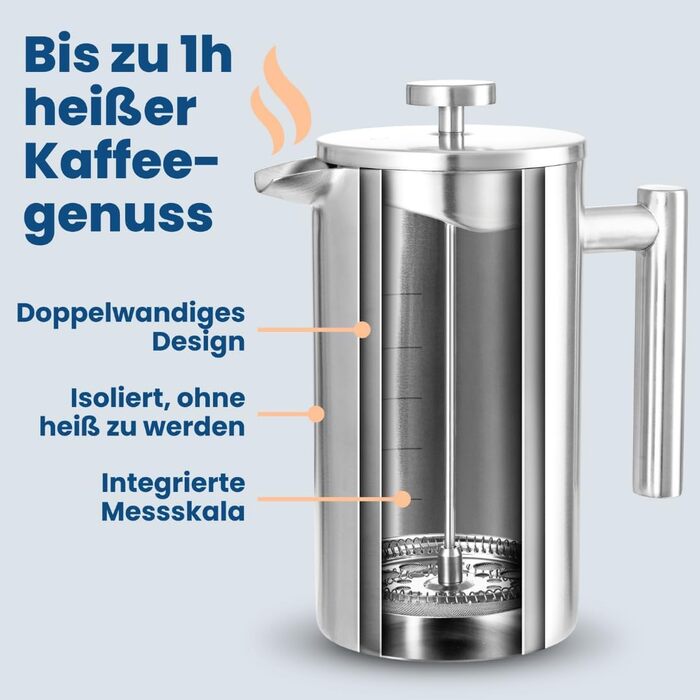 Френч-прес 600 мл з нержавіючої сталі, з підігрівом, 3 фільтри, пробка-підставка, для миття в посудомийній машині, преміум-якість, двостінний, срібний