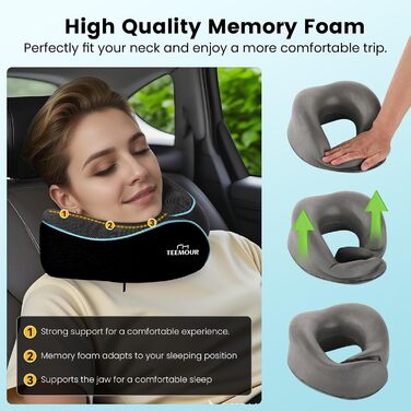Подушка для шиї у літак з Memory Foam, 360° підтримка, з чохлом, маскою для очей та берушами, регульована подушка для подорожей (Чорний)