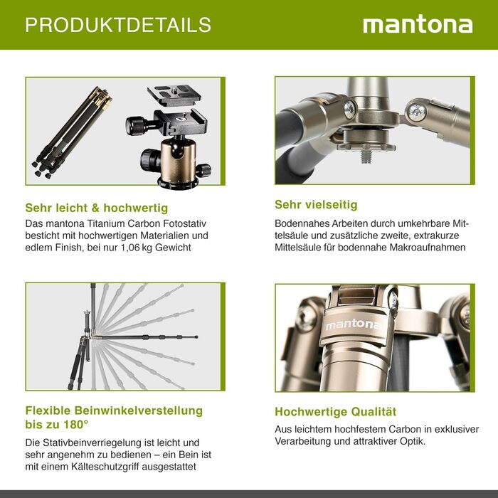 Штатив для камери Mantona Titanium Carbon з кукульним головкою та швидкознімною платформою, 170 см