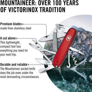 Швейцарський ніж Victorinox Mountaineer, мультитул, 18 функцій, з лезом, відкривачкою для пляшок та консервів, червоний