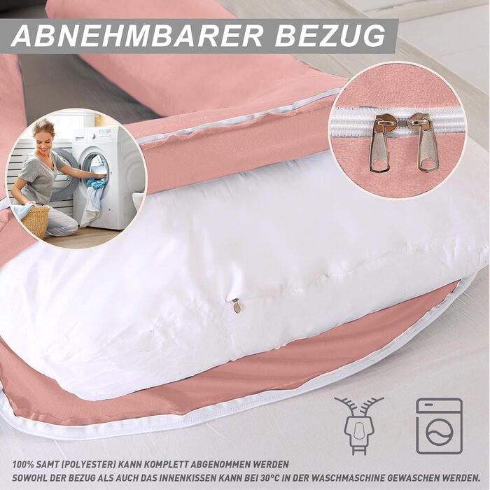 Подушка для вагітних CALIYO J-подібної форми, XXL, з бавовняною оббивкою, 180x70 см (світло-рожевий)