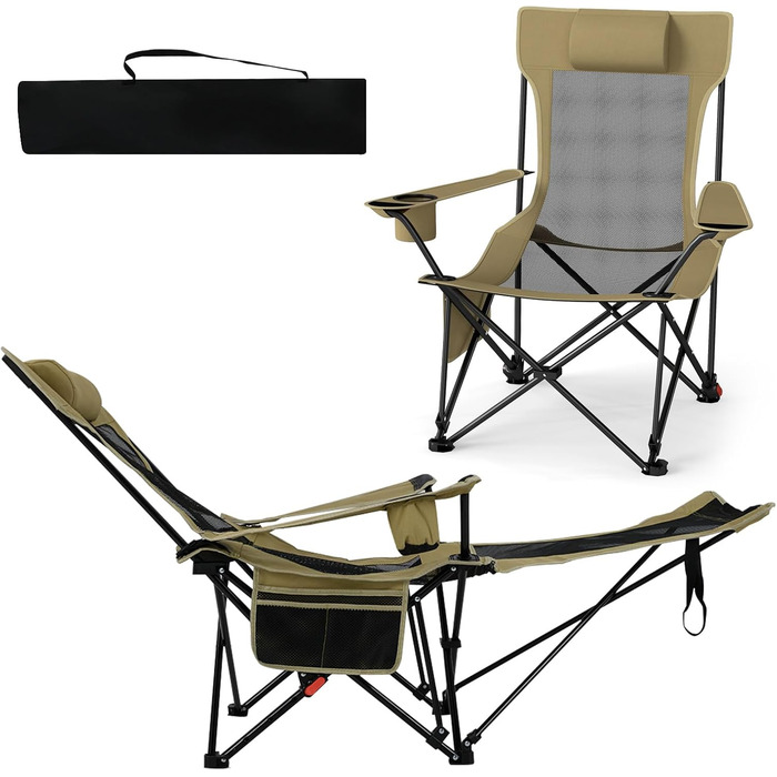 Крісло для кемпінгу та риболовлі Costway з підставкою для ніг, регульованою спинкою, підголівником, тримачем для напоїв та бічною кишенею, складане, хакі