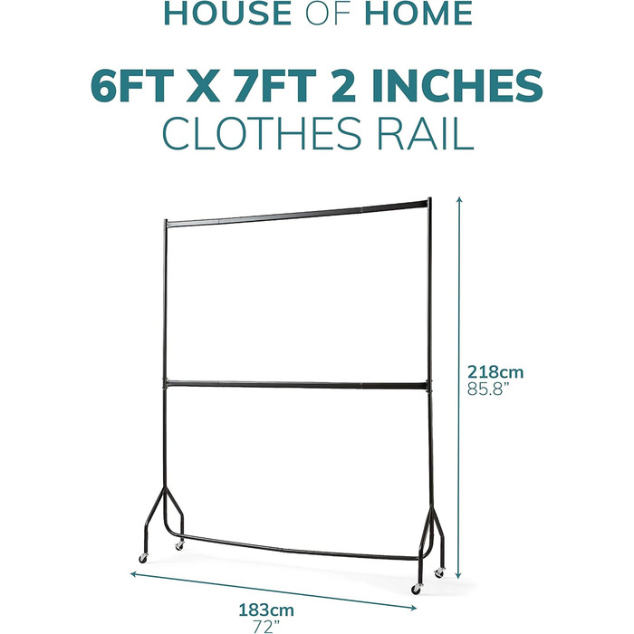 Direct Online Houseware House of Home Extra Robust Clothes Rack with 2 Levels, 2.14 m H x 1.83 m L, in Black – Clothes Rail for Bedroom, Double Clothes Rail, High-Quality Hanging Storage