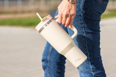 Термокружка Milu 1200 мл з трубочкою та ручкою – 48 годин льоду/24 години холод/12 годин гаряче. Нержавіюча сталь, подвійні стінки, ізольована, 1,2 л (Бежевий)