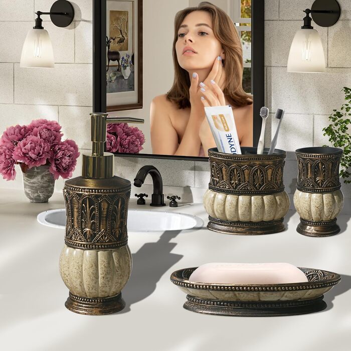 Набір аксесуарів для ванної кімнати Pumkins, ретро-стиль (4 шт.): чашка, тримач для зубних щіток, мильниця, дозатор мила. Декор для дому та робочої поверхні, туалетного столика, подарунок на новосілля. Колір: коричневий