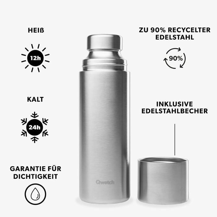 Qwetch Stainless Steel Thermos Flask - 750ml Insulated Bottle & Travel Mug - 24h Cold & 12h Hot - Leakproof, BPA-Free, for Coffee & Tea