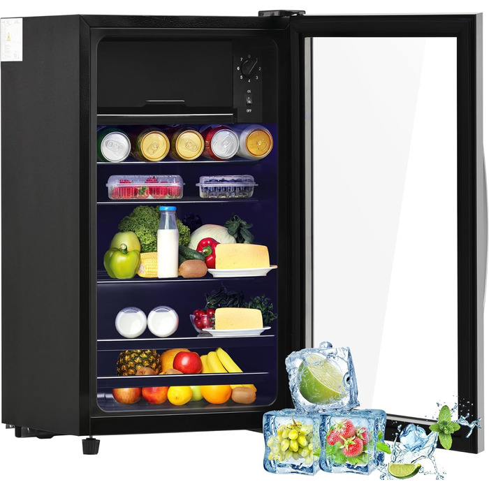 Холодильник Merax Freistehend 120L з морозильником 8L, LED-підсвічуванням та регульованими полицями. Чорний колір. Підходить для ресторану, бару, напоїв та пива.