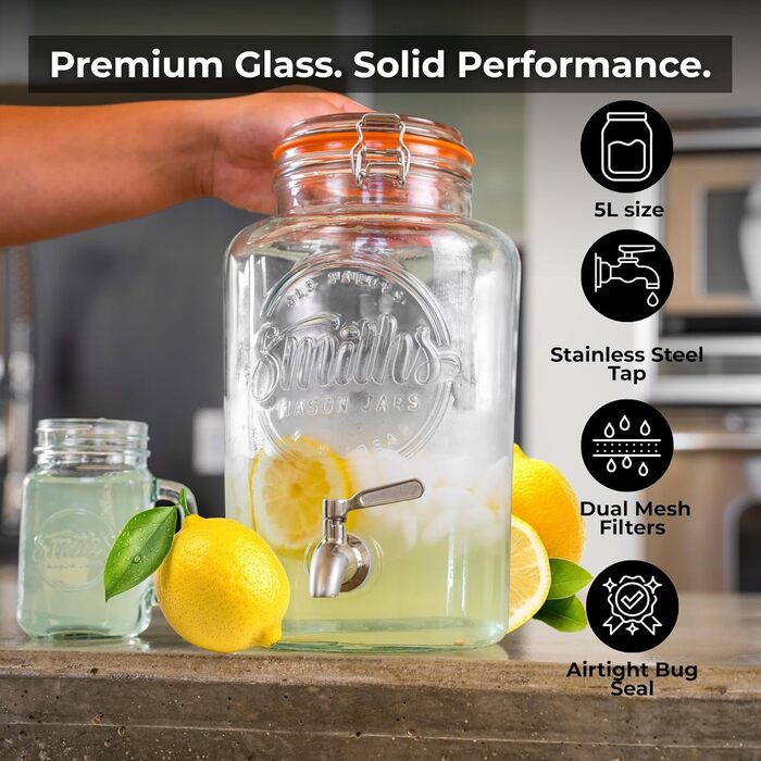 Скляний диспенсер для напоїв Smiths Mason Jars з нержавіючою сталею – 5 л, для вечірок та заходів на відкритому повітрі
