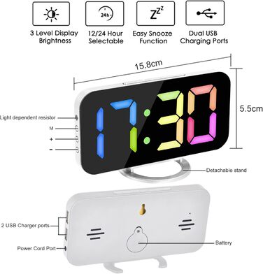 Цифровий годинник SZELAM з LED-дзеркалом 7 дюймів, 2 USB-порти, функція відкладання, автоматичне регулювання яскравості, для дому (білий)