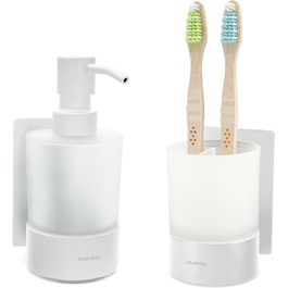 Dolvhin® Soap Dispenser and Toothbrush Holder Set | Frosted Glass Soap Dispenser & Toothbrush Holder | Stainless Steel Toothbrush Holder without Drilling | Adhesive Wall Soap Dispenser | Bathroom Set | Matte White