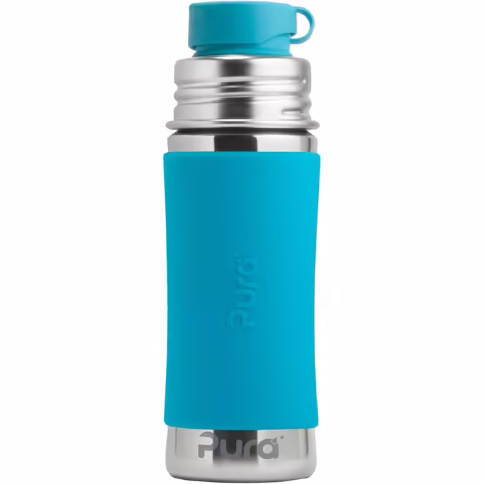 Pura Sport vacuum-insulated 650 ml stainless steel water bottle with silicone sports flip-top lid and sleeve (plastic-free, non-toxic certified, BPA-free) (Aqua)