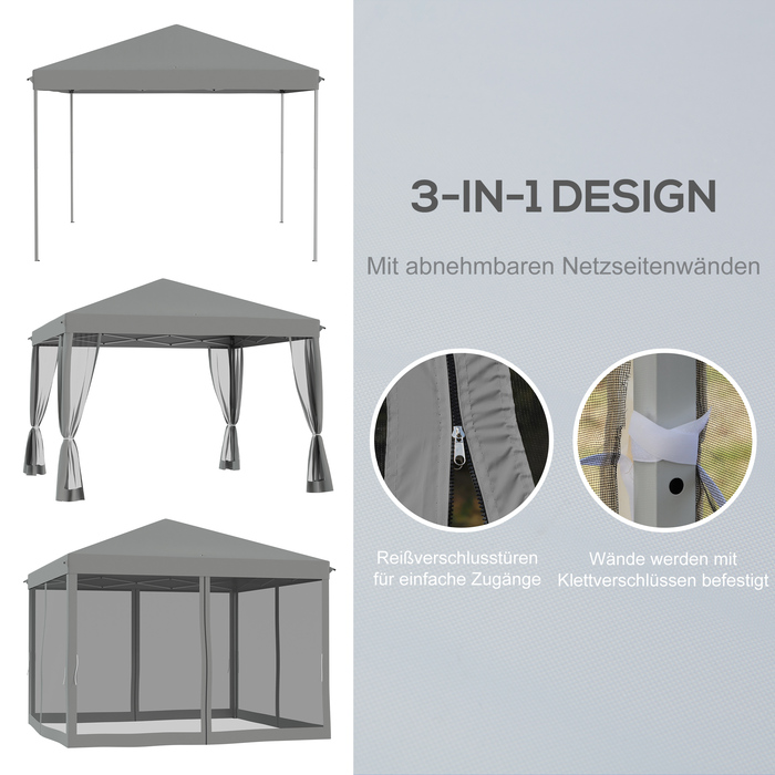 Outsunny Folding Gazebo, Folding Tent 3x3m with Side Walls incl. Carrying Bag Metal and Oxford light grey and black for Garden and Events