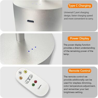 LED-лампа Hapfish на акумуляторі, 8000mAh, бездротова, з пультом, алюміній, 3 режими, регулювання яскравості, для столу, нічника, балкону (срібна)