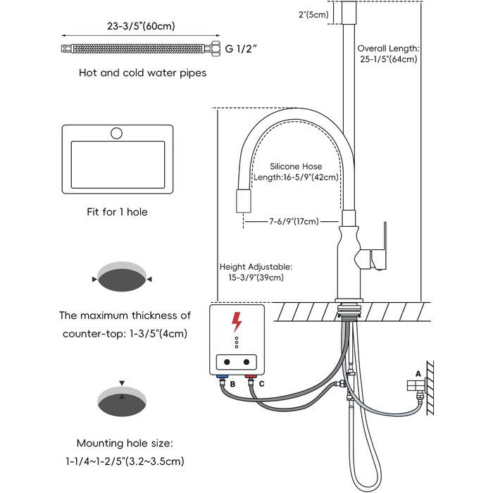 Кран кухонний APPASO 3-в-1 з трьома виходами, чорний, з нержавіючої сталі, для фільтрів води, поворотний на 360°, 2 ручки, низький тиск