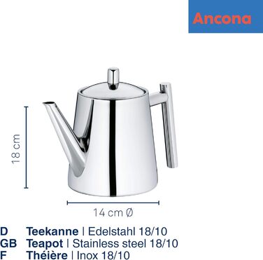 Kela Teapot with infuser, stainless steel teapot 1.7 l ANCONA, teapot for loose leaf tea and tea bags, tea maker, silver