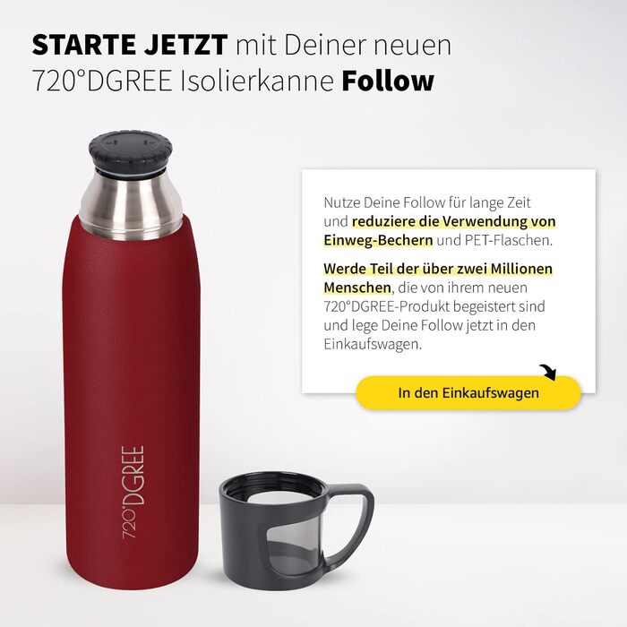 Термос 720°DGREE Thermoskanne 'Follow' 1л з чашкою, 12 год гарячий, 24 год холодний, не протікає, без BPA, з нержавіючої сталі, ізотермічна пляшка для кави, чаю, роботи, школи, в дорогу, 1000 мл, Imperial Red, матове покриття, червоний