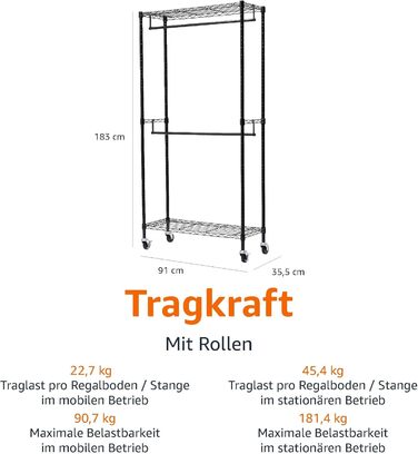Amazon Basics Clothes Rack with Upper and Lower Shelves, 91 x 45.6 x 180.2 cm (Black, Double)